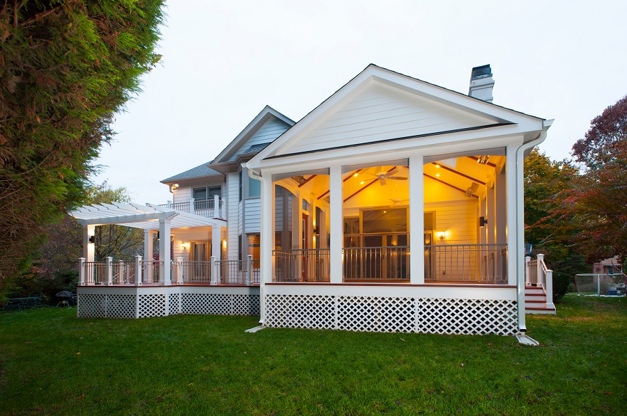 custom Zuri screened porch in Bethesda, Maryland front lights on