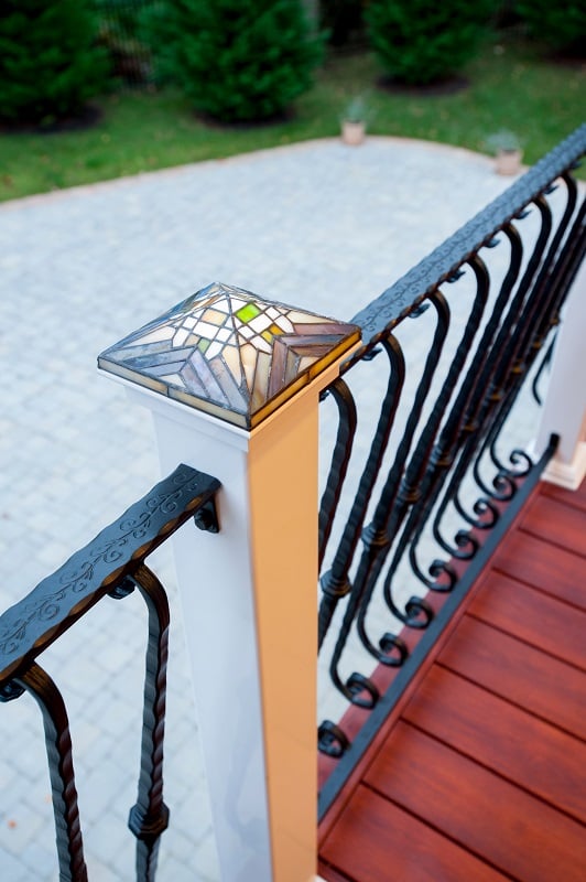 Zuri decking wrought iron handrails stained glass outdoor light