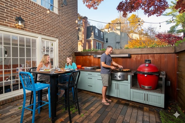 Family at home grilling in backyard