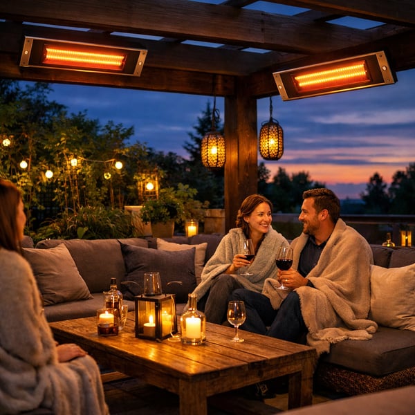 The image showcases a stylish outdoor patio illuminated by the warm glow of Bromic Infrared Heaters The heaters elegantly designed with sleek lines an-1