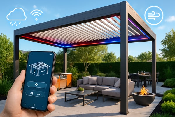 A modern outdoor living space featuring a stylish pergola with motorized louvered roofs showcasing a dualwall louver design The pergola is positioned over a sleek patio with comfortable seating accentuated by integrated LED lighting in various colors