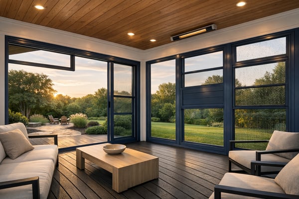 Photorealistic highend architectural photograph of a luxury screened porchsunroom fitted with Sunspace WeatherMasterstyle vertical 4track windows Some