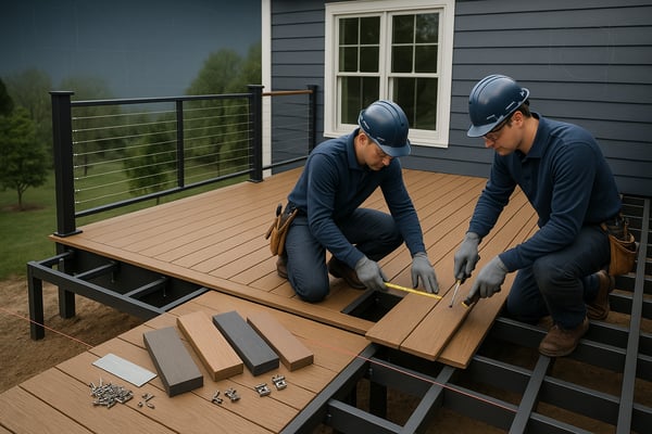 Photorealistic premium commercial image of a highend deck under construction at an upscale MidAtlantic suburban home Elevated threequarter wide shot 3