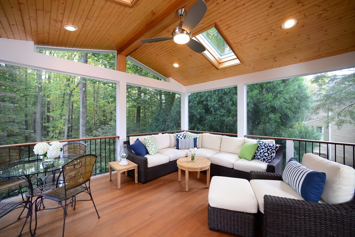 screened room with recessed lights in a tongue-and-groove ceiling in maryland