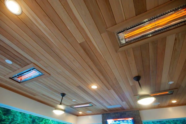 Tongue and groove cedar ceiling Infratech outdoor heaters, Minka Aire ceiling fans, Trex recessed ceiling lights in Fairfax County, VA (1)