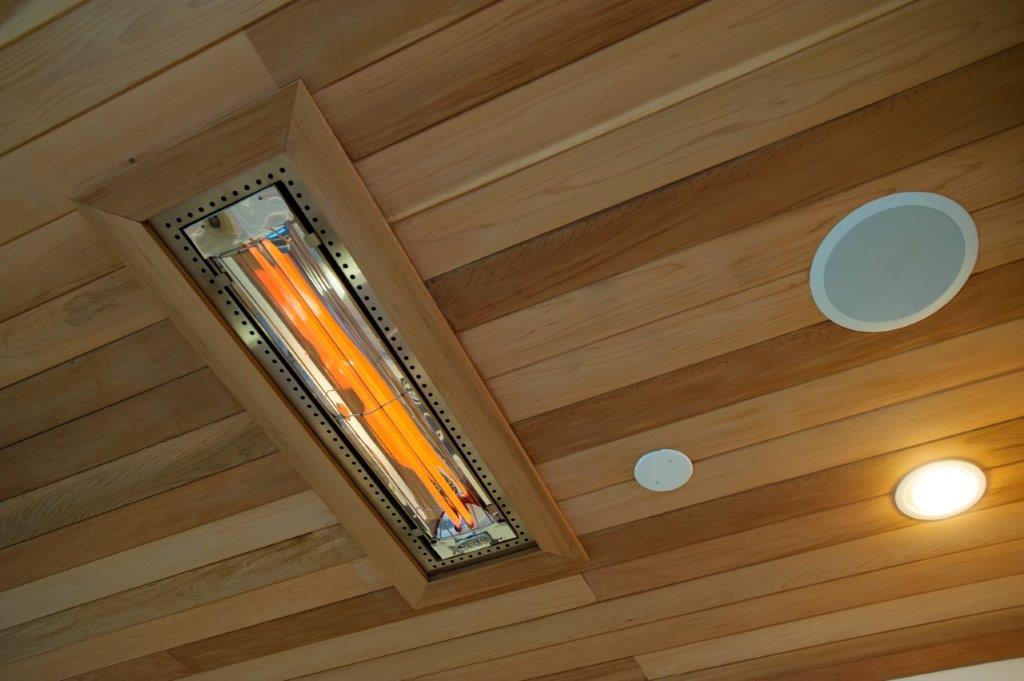 Tongue and groove cedar ceiling Infratech outdoor heaters, Minka Aire ceiling fans, Trex recessed ceiling lights in Fairfax County, VA (2).jpg