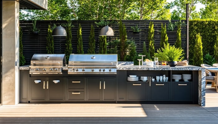 The image showcases a beautifully designed outdoor kitchen featuring Zahbuilt"s outdoor kitchen cabinets. The cabinets are finished in a sleek, weathe