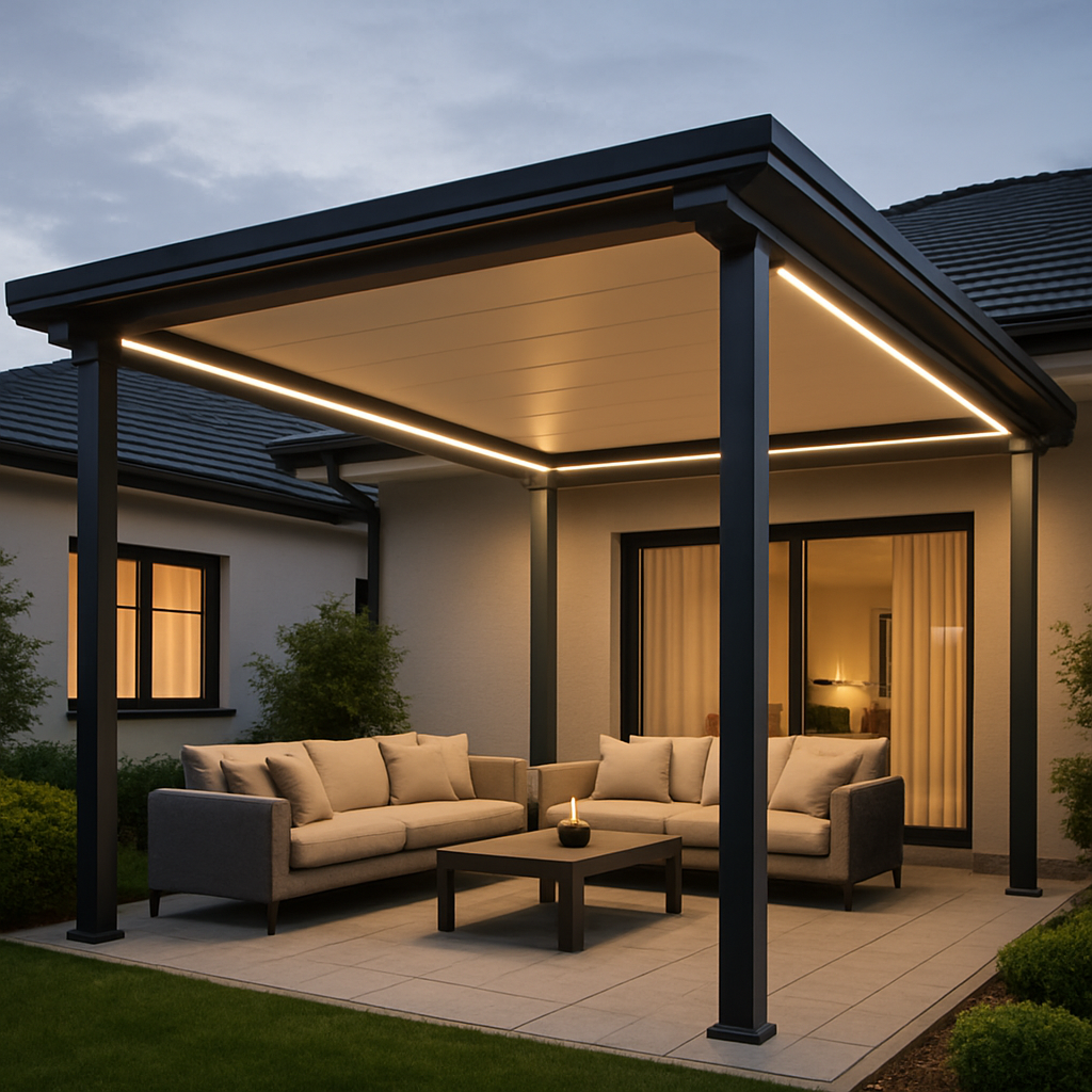 Elegant Serenity Solid Roof pergola system with integrated lighting and gutter features.