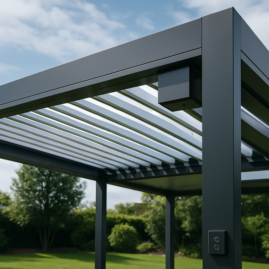 High-tech Signature Louvered Roof pergola system with motorized features. High-tech Signature Louvered Roof pergola system with motorized features.