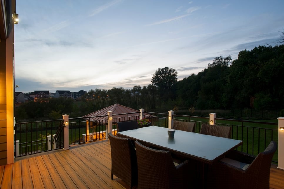 two brown shades of Trex decking trim at sunset in Fulton, Maryland