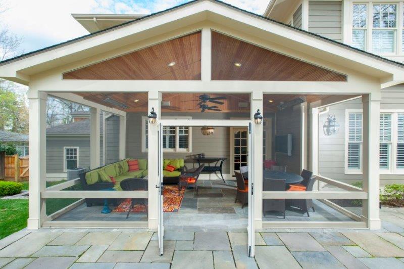 Craftsman Style Screened Porch With Custom Flagstone Sitting Wall