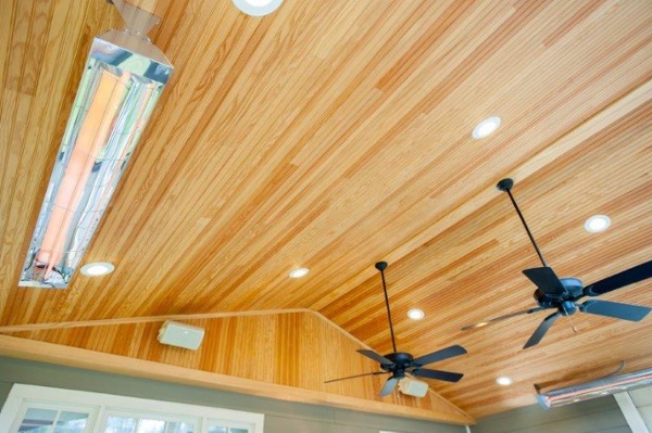 tongue-and-groove pine ceiling with Infratech heaters and ceiling fan