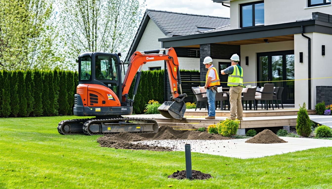 A construction site featuring a team of builders installing helical piers in a suburban backyard. The scene includes a compact Bobcat with a pier atta