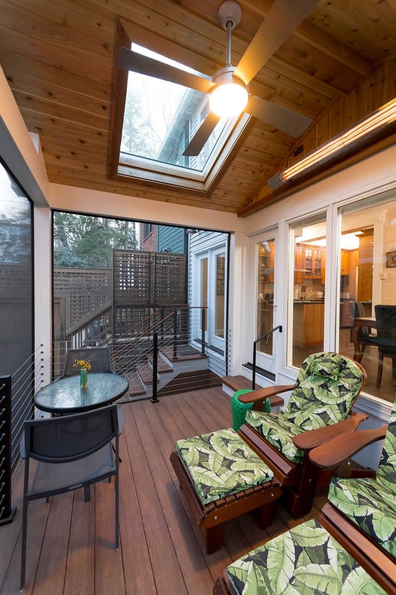 custom Zuri screened porch interior with SCREENEZE porch screens and Zuri decking