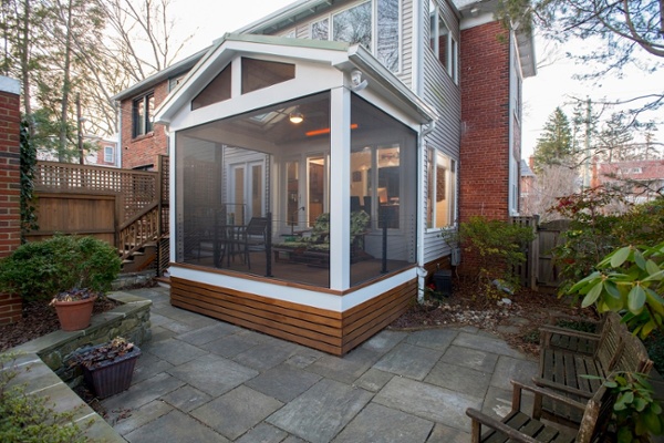 pressure-treated screened porch with white pvc trim and large screeneze screening systems