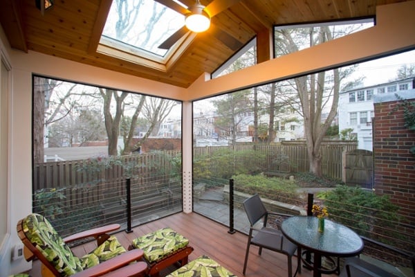 custom screened porch Bethesda interior with large porch screens and stainless steel cable handrails